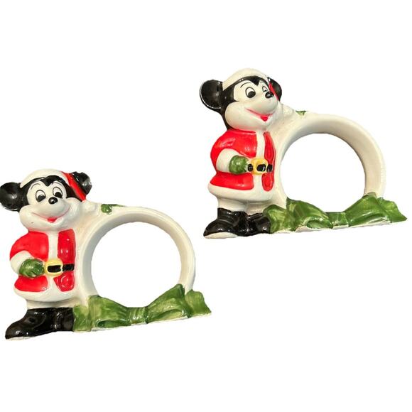 VTG WALT DISNEY Productions Christmas Napkin Rings Mickey Mouse Japan Set Of 2 - Picture 1 of 6